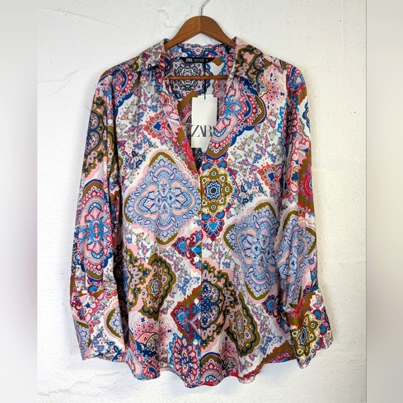 NWT Zara Patterned Blouse Womens Medium Button Up Office Colorful Flowy Bold - Picture 1 of 9